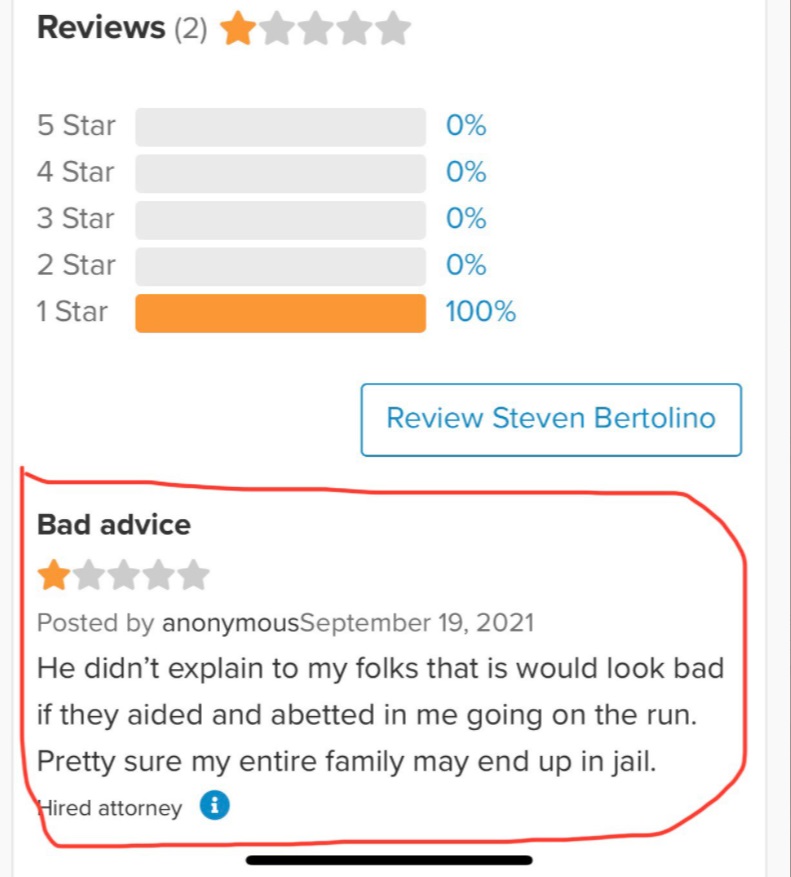 PHOTO Someone Left A Review On Brian Laundrie's Attorney Page That The Attorney Didn't Warn Them About Aiding And Abetting While Brian Was On The Run 