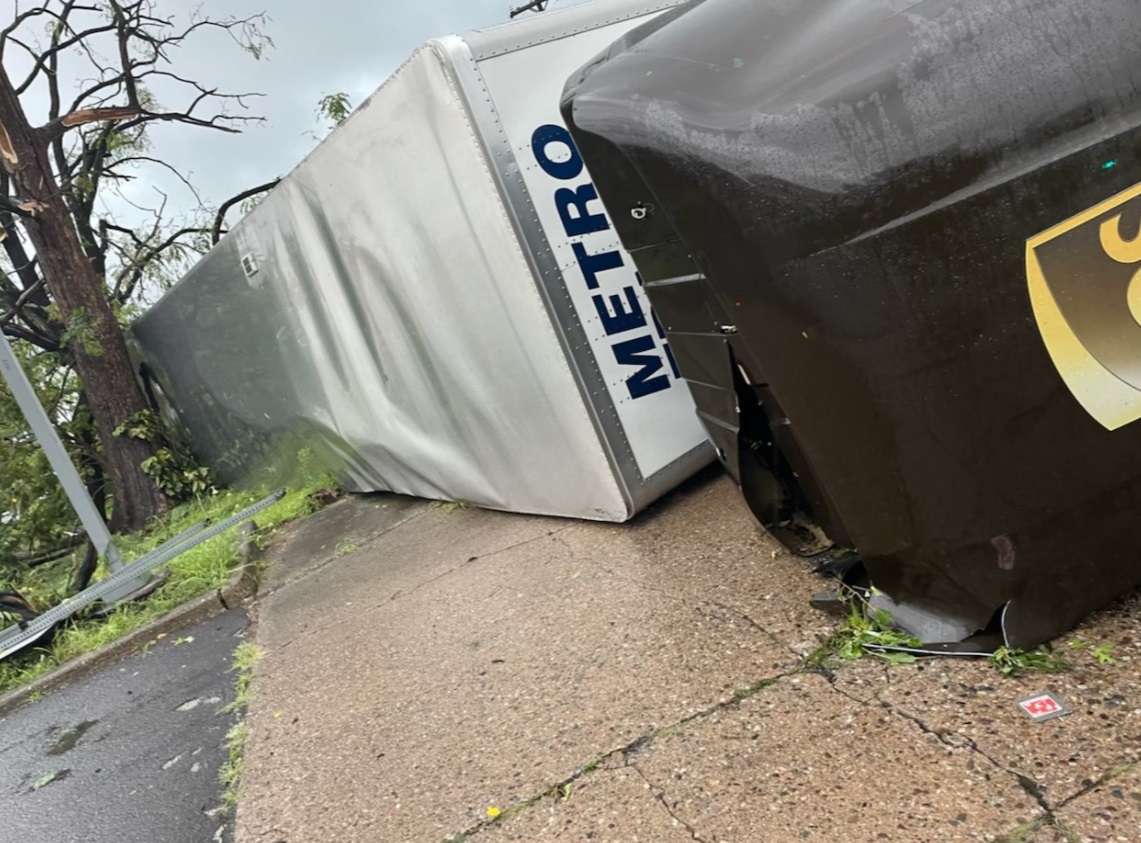 PHOTO UPS Truck And Trailer Blows Over From Tornado 