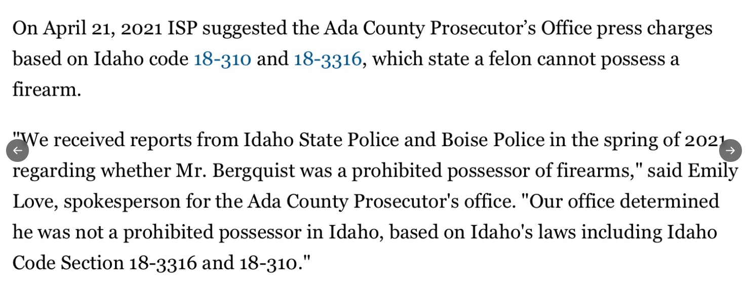 PHOTO Ada County Prosecutor's Office Declined To Press Charges Against Jacob Bergquist SayingHe Was Not Prohibited From Possessing A Firearm In Idaho