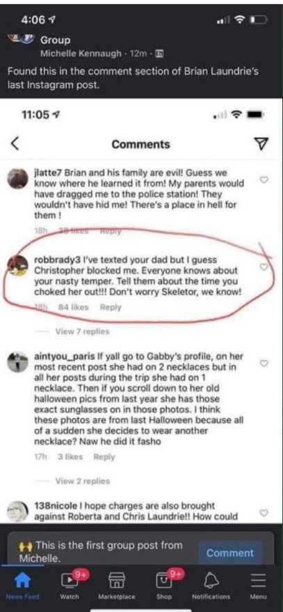 PHOTO Angry Dude Left Comment On Brian Laundrie's Last Instagam Post That Said Brian Laundrie Once Choked Out Gabby Petito