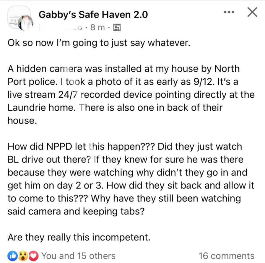 PHOTO Brian Laundrie's Parents' Neighbor Had Camera Installed By North Port PD On Their Home That Pointed Toward The Laundrie's And Still Let Brian Drive Away