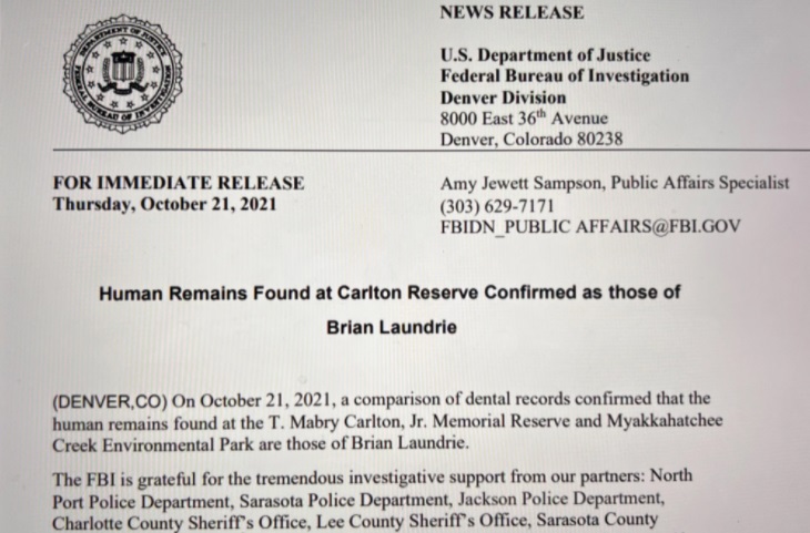 PHOTO FBI Statement Confirming Brian Laundrie's Remains Found Were His