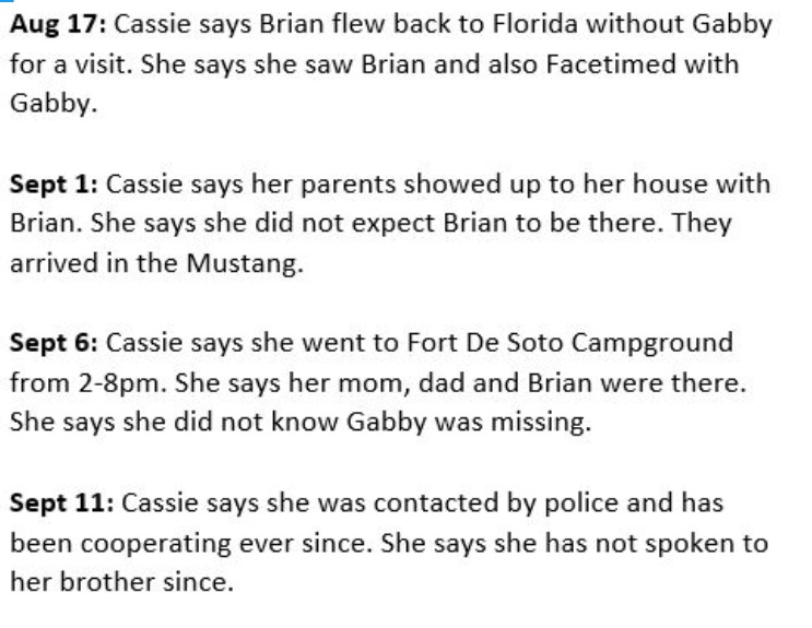 PHOTO Full Cassie Laundrie Timeline Of Brian's Disappearance Including Last Spoke To Her Brother September 11th And September 6th Was Camping With Brian And Her Parents For 6 Hours