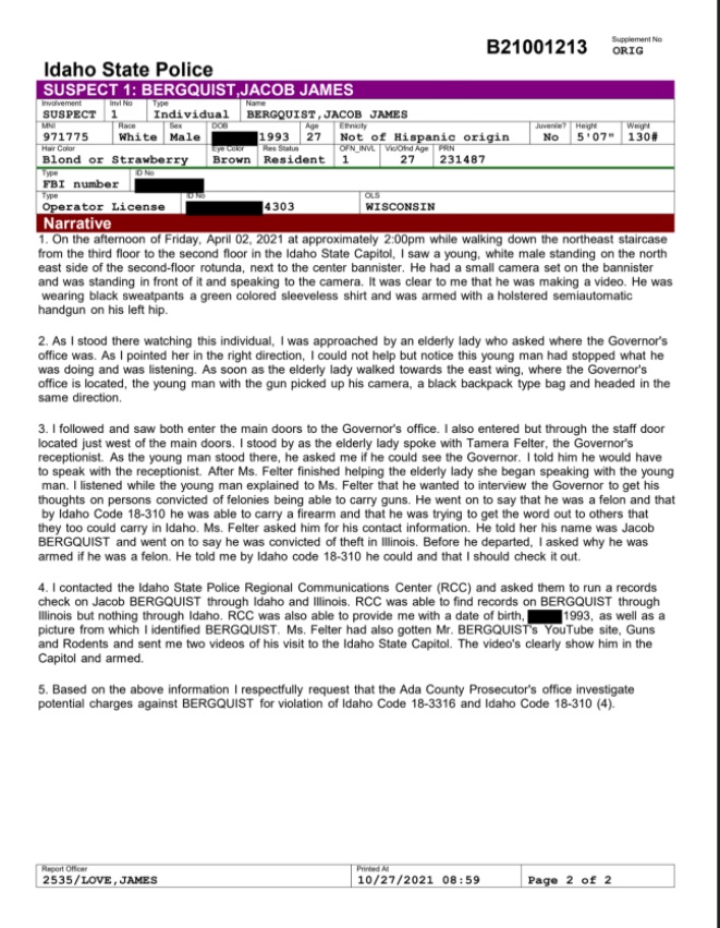 PHOTO Full Police Report Filed By Idaho State Police Showing Jacob Bergquist Entered Idaho State Capitol Building With A Firearm