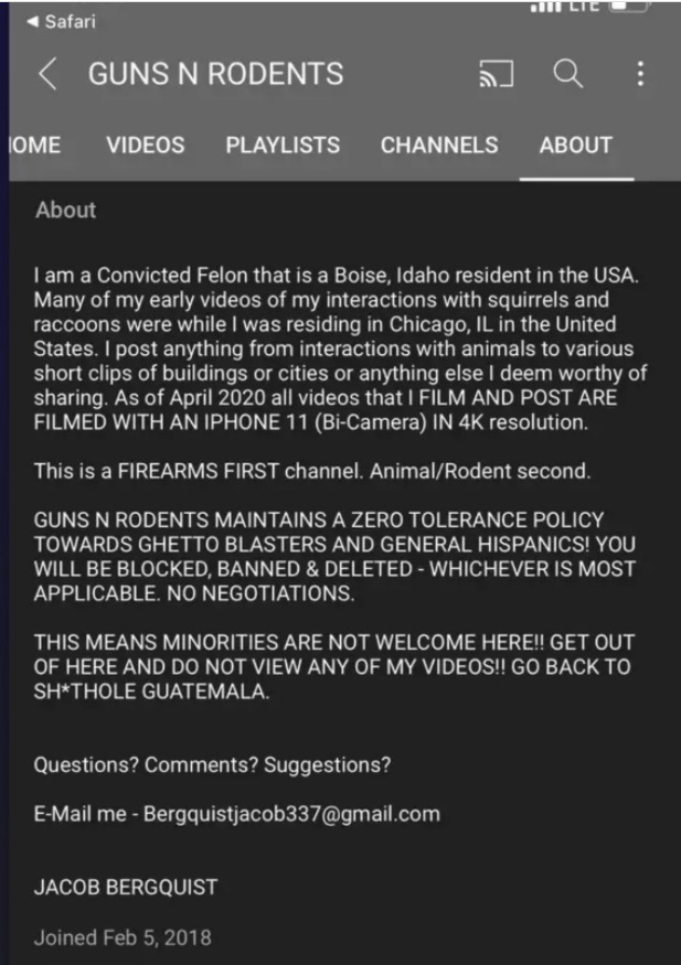 PHOTO Jacob Bergquist's First Youtube Account That Was Banned Said He Would Post About His Interactions With Squirrels And Raccoons And Would Block And Ban Anyone He Disagreed With