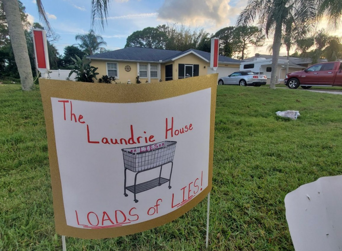 PHOTO The Laundrie House Loads Of Lies Laundry Basket Sign Outside Brian Laundrie's Parents House