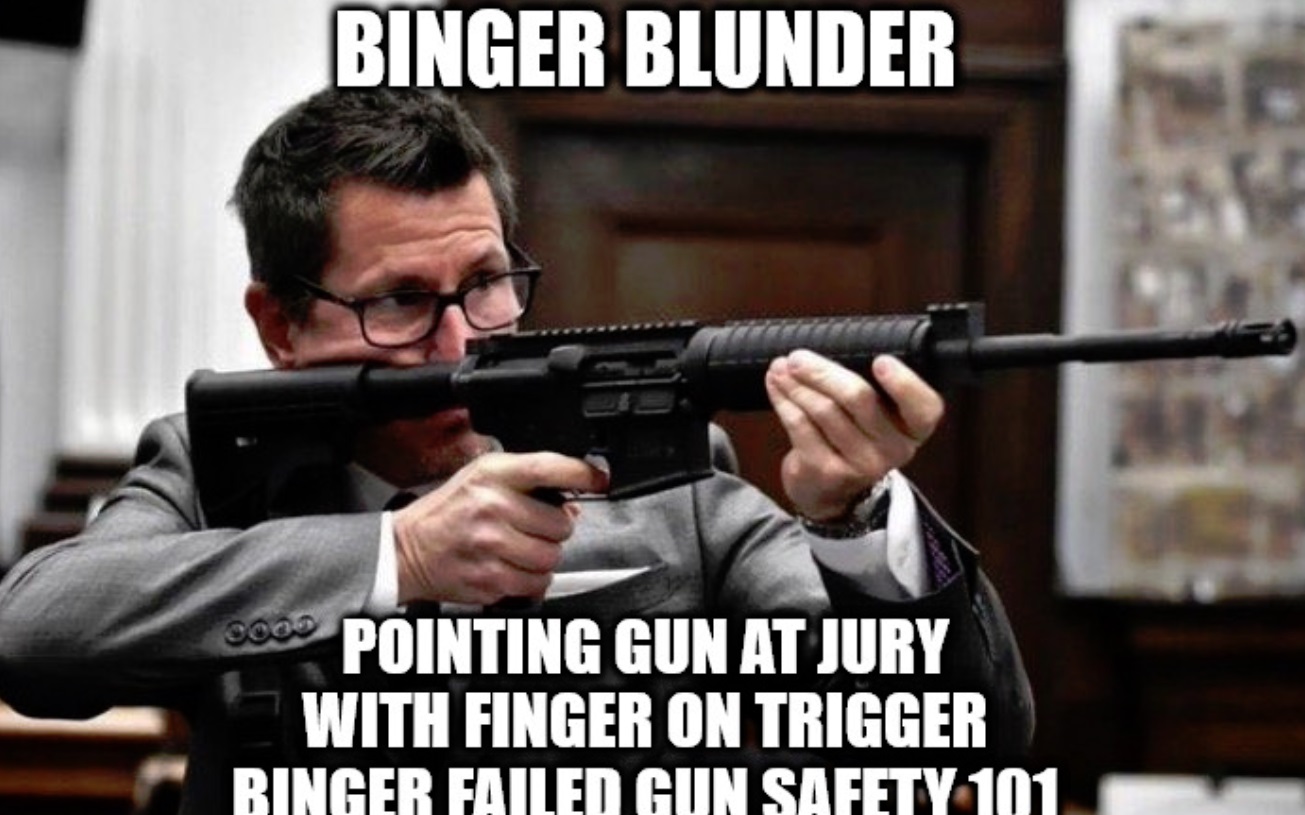 PHOTO Binger Blunder Pointing Gun At Jury With Finger On Trigger Binger Failed Gun Safety 101 Thomas Binger Meme