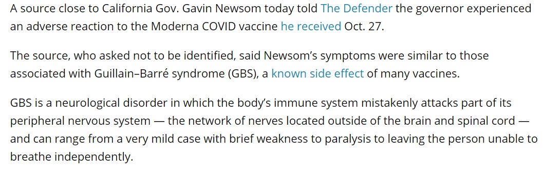 PHOTO Children's Health Defense Reveals Source Who Asked To Be Anonymous Says Gavin Newsom Experienced Symptoms Of Guillain–Barré Syndrome After Getting Moderna Booster Shot