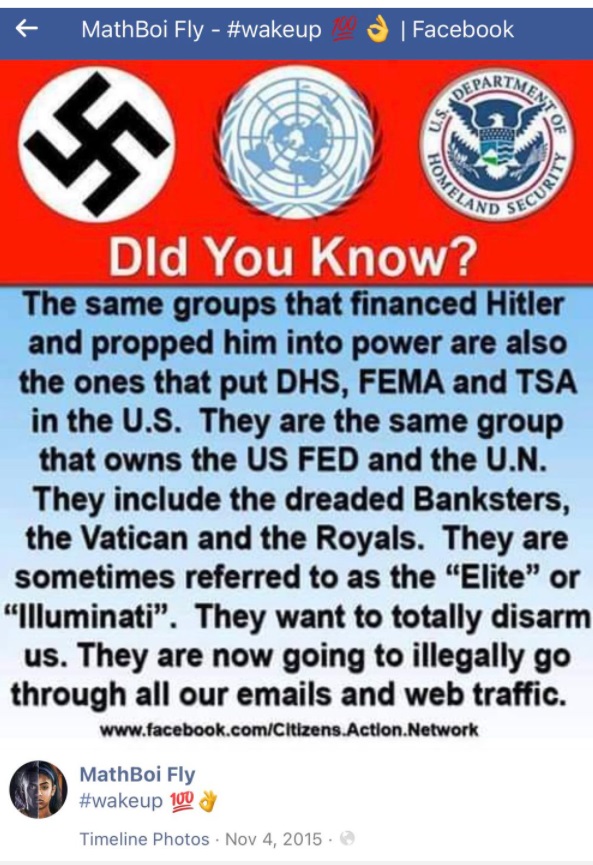 PHOTO Darrell Brooks Posted On Facebook In 2015 A Conspiracy Theory That The Same People Who Financed Hitler Are The Same Ones Who Put DHS FEMA And TSA In The USA