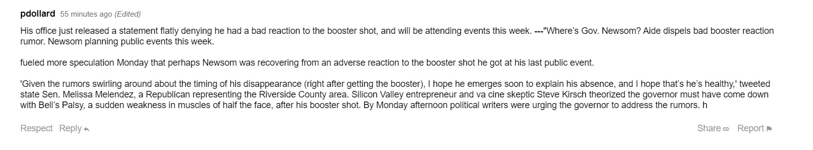 PHOTO Dude On Forum Says California State Senator Melissa Melendez Couldn't Even Confirm If Gavin Newsom Was Healthy But That She Hopes So