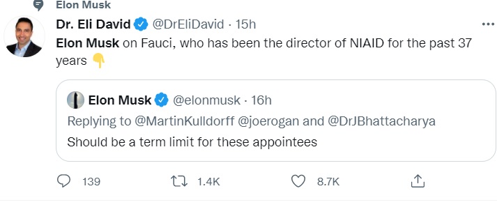 PHOTO Elon Musk Hates Doctor Fauci And Thinks He Should Be On A Term Limit