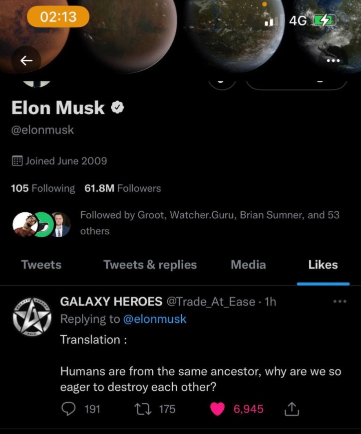 PHOTO Elon Musk Liked Tweet About Humans Wanting To Destroy Each Other