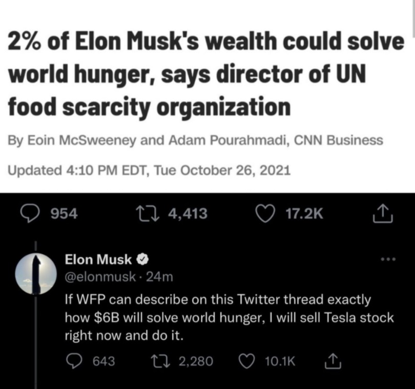 PHOTO Elon Musk Says $6 Billion Of His Own Money Won't Solve World Hunger