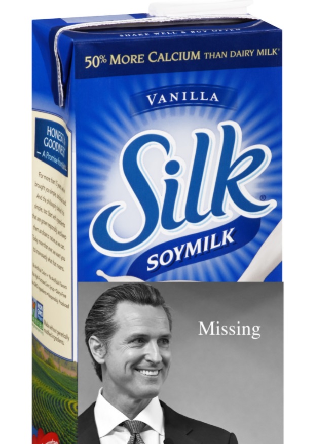 PHOTO Gavin Newsom Missing Labels Being Printed On Soy Milk In California