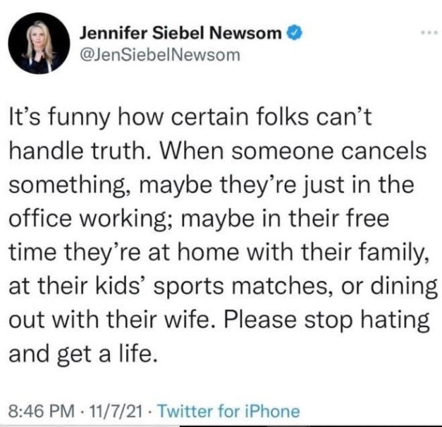 PHOTO Of Gavin Newsom's Wife's Deleted Tweet Ripping Public For Wondering Where Her Husband Is