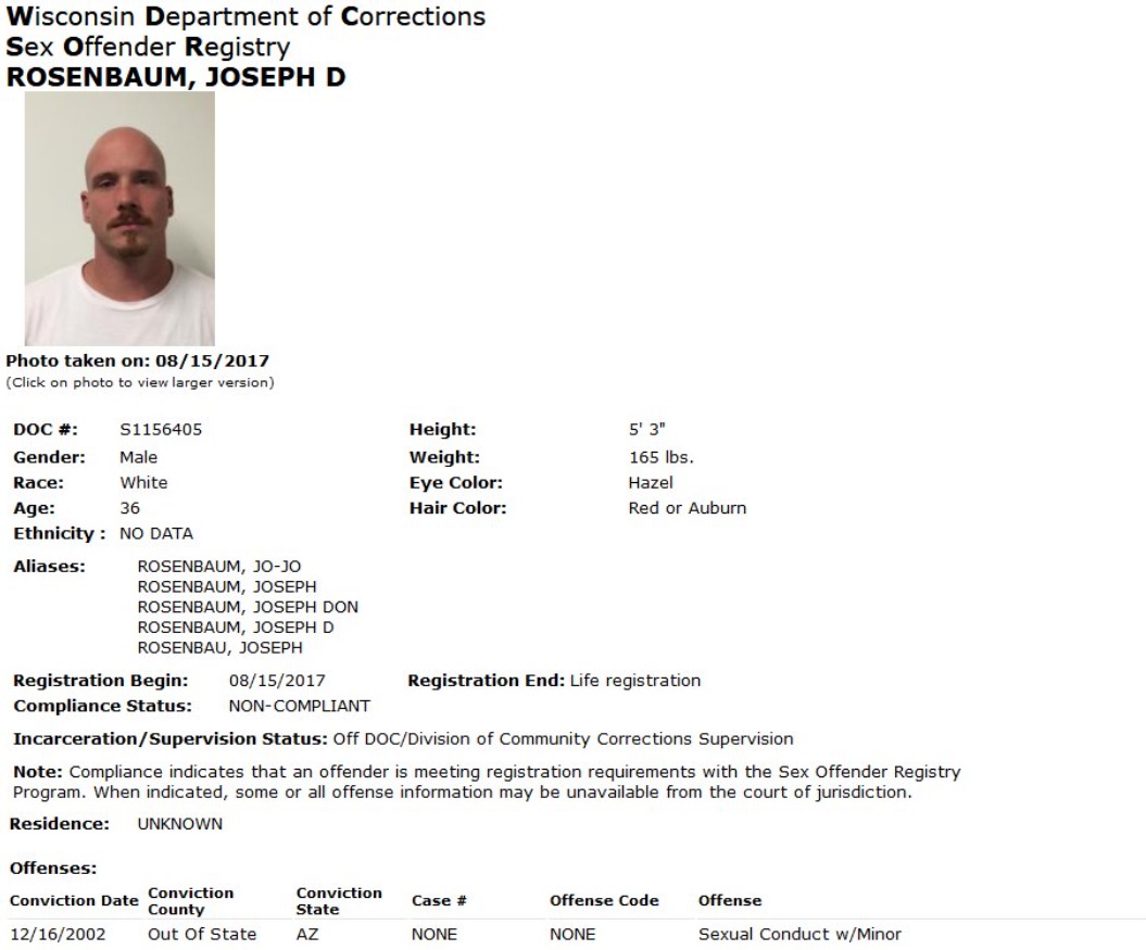 PHOTO Wisconsin Department Of Corrections Made Joseph Rosenbaum Register As A Sex Offender For Life