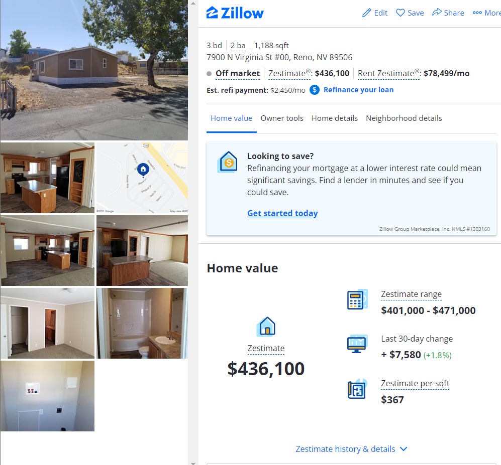 PHOTO Zillow Listing Of Similar Mobile Home To Darrell Brooks' In Rural Reno Nevada 15 Miles From Downtown