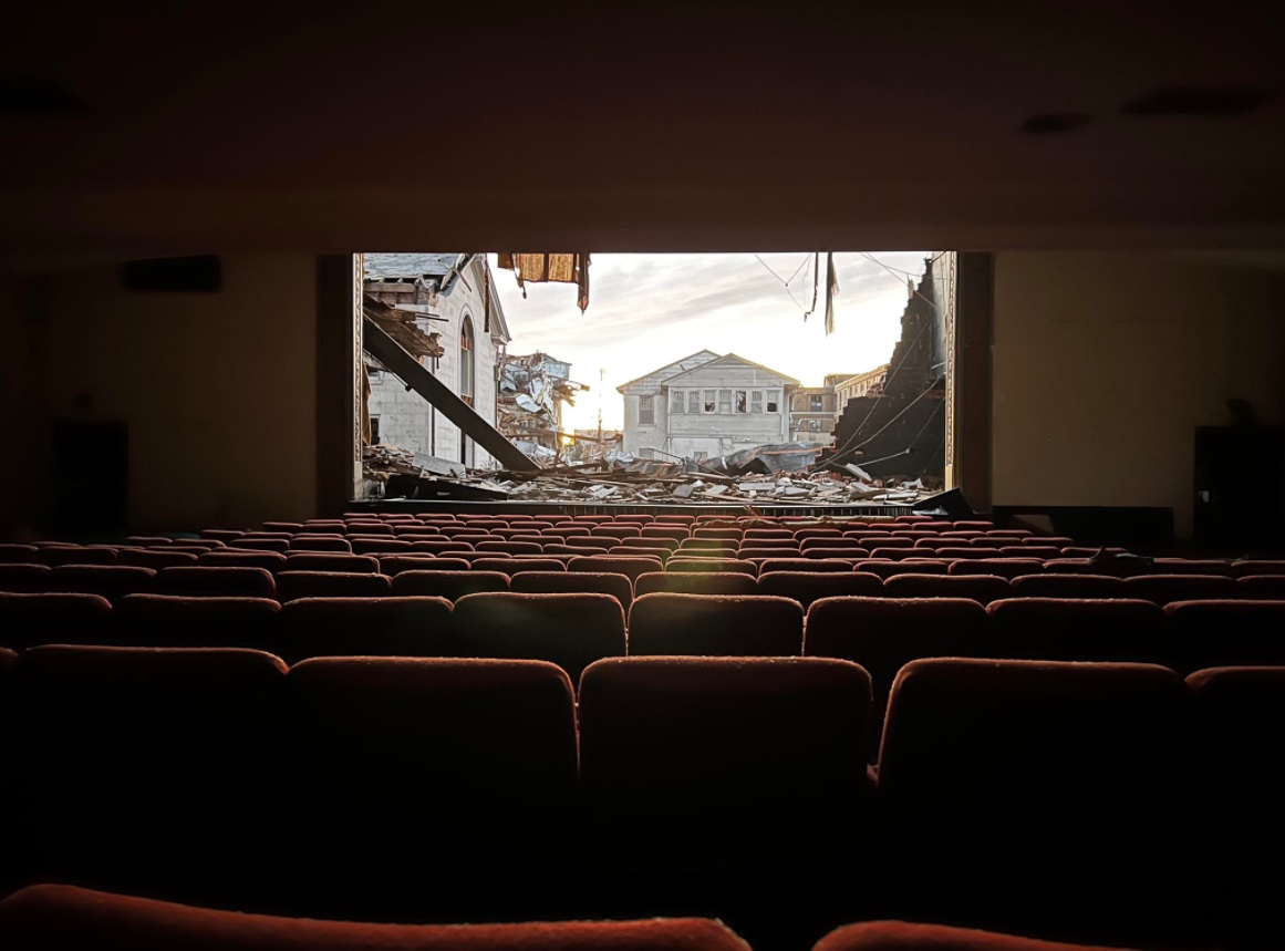 PHOTO American Legion Theatre Building In Downtown Mayfield Kentucky Shows All Theatre Seats Still Setup With A Giant Whole In The Building The Size Of The Movie Screen