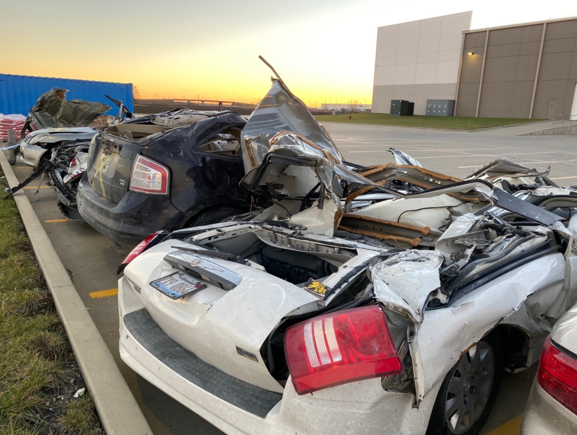 PHOTO Cars In Parking Lot At Amazon Warehouse In Edwardsville Illinois Smashed Down To The Metal