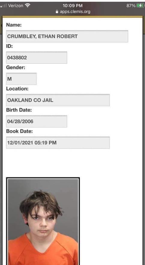 PHOTO Ethan Crumbley's Booking Information