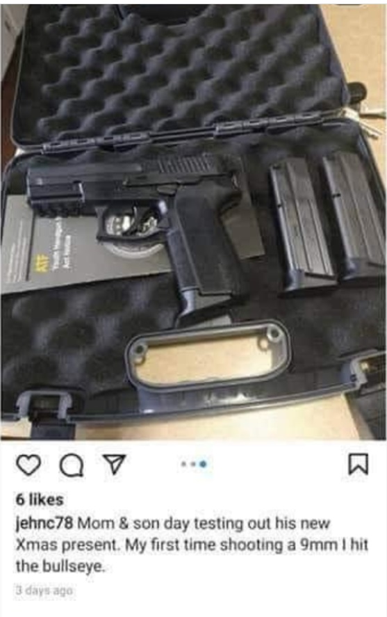 PHOTO Ethan Crumbley's Mother Could Be Charged With Aiding And Abetting For Giving Him 9mm Gun As Christmas Present And Letting Him Test It Out