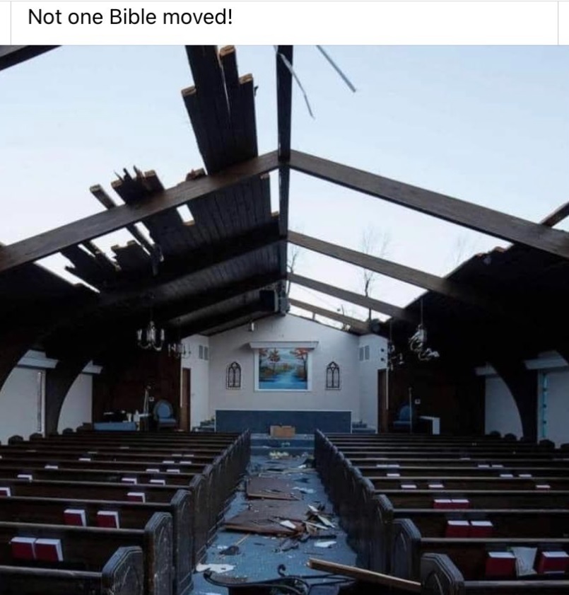 PHOTO God Was Watching Out For Mayfield Kentucky Not One Bible Moved Inside Church That Had Roof Ripped Off
