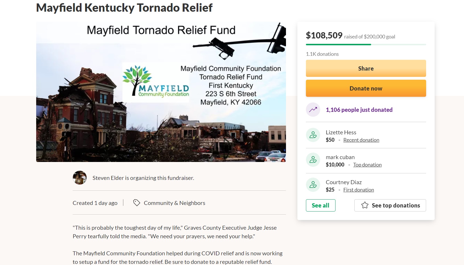 PHOTO Mark Cuban Donated $10K To Mayfield Kentucky Tornado Relief Fund