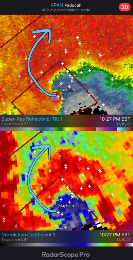 PHOTO Mayfield Kentucky Radar Shows Debris Sucked Up Into Tornado And Lifted Thousands Of Feet In Air In A Spiral Through Supercell Thunderstorm