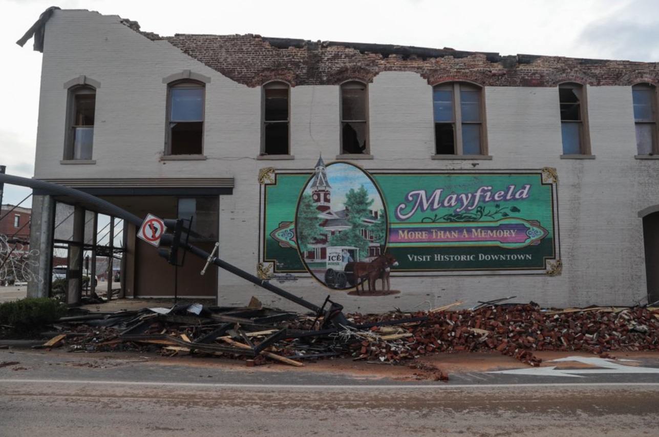 PHOTO Mayfield More Than A Memory Sign Still Standing Strong Despite Building Structure Taking Serious Hit