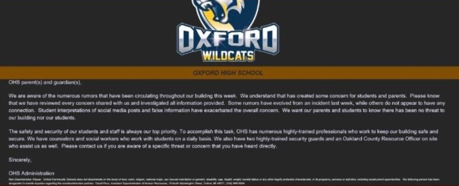 PHOTO Of Oxford High School Email Warning Of Threats Send To Parents Weeks Before School Shooting