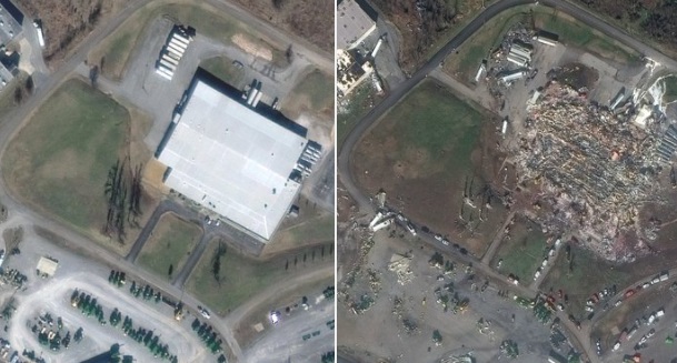 PHOTO Satellite Image Of Mayfield Consumer Products Candle Factory Before And After Tornado