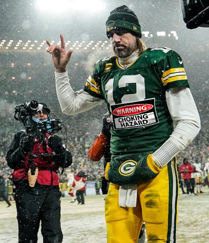 PHOTO Aaron Rodgers With A Sticker On His Jersey That Says Warning Choking Hazard