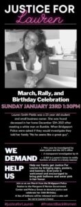 PHOTO Flier With Information On Jusice For Lauren Smith-Fields' March In Bridgeport CT