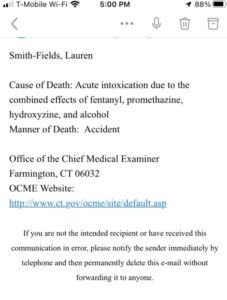 PHOTO Full Email From CT Medical Examiner Saying Lauren Smith-Fields Death Was Due To Accidential Overdose