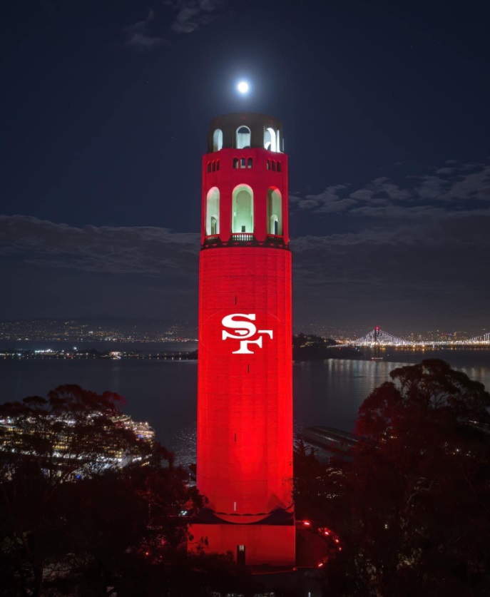 PHOTO Lighthouse Across From The Golden Gate Bridge Is Lit Up In Red With 49ers Logo On it After SF Beats Green Bay