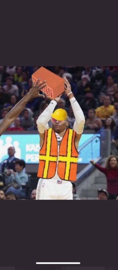 PHOTO Russell Westbrook Dressed As A Construction Worker Shooting Bricks During The Game Meme