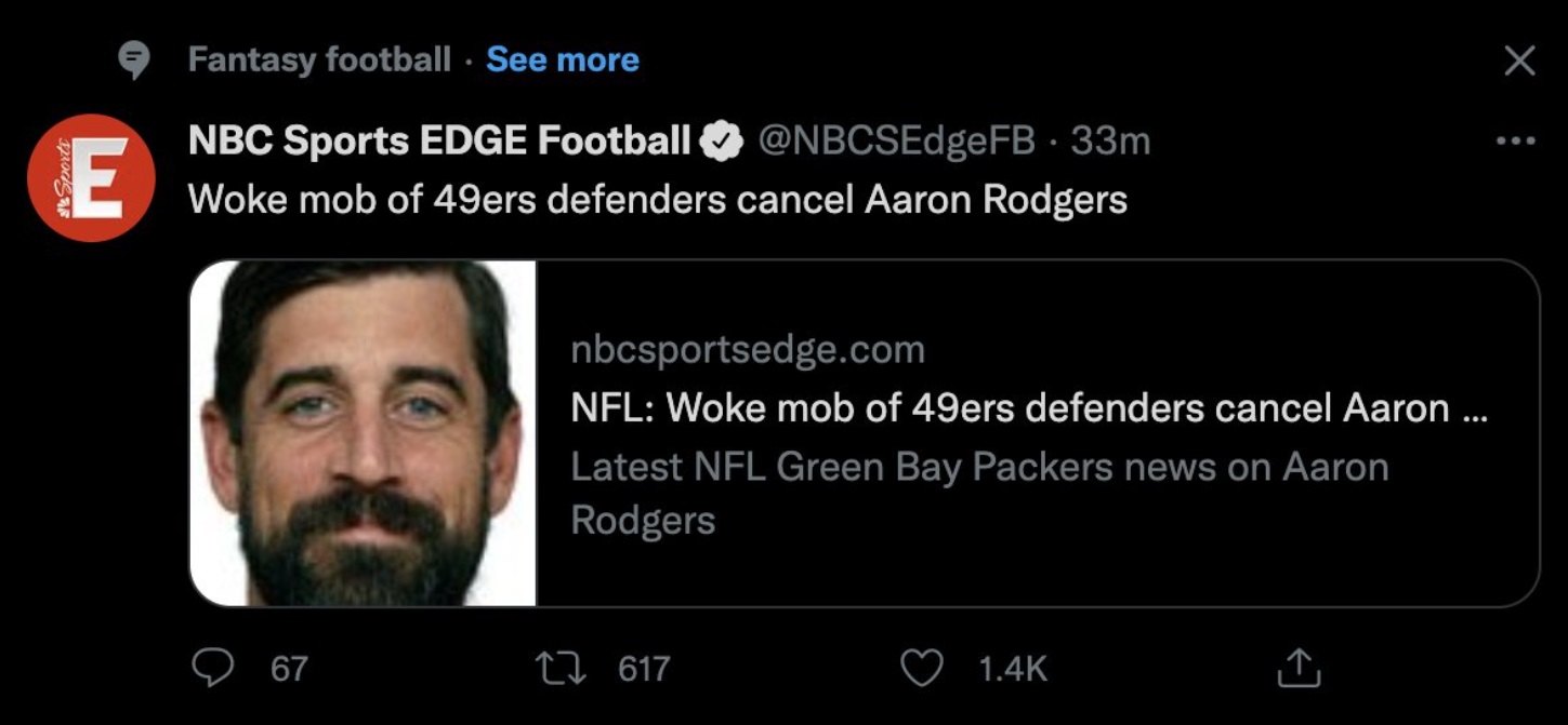 PHOTO Woke Mob Of 49ers Defenders Cancel Aaron Rodgers Deleted Tweet