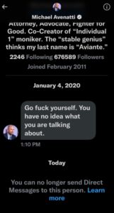 PHOTO When Michael Avenatti Was Still Famous In A Good Way He Endlessly Blocked People And Told Them To Go Fck Themselves In Their DM's