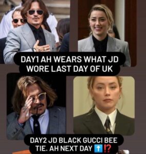PHOTO Day 1 Amber Heard Wears Same Suit Jacket As Johnny Day 2 Amber Heard Wears Black Gucci Bee Tie Next Day