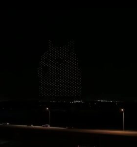 PHOTO Dogecoin Dog Projected Over Road At Giga Texas With Lights