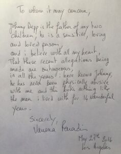 PHOTO Full Letter Vanessa Paradis Wrote Letter Defending Johnny Depp Against Amber Heard's Lies