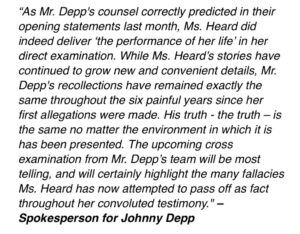 PHOTO Full Statement From Johnny Depp's Spokesperson Responding To Amber Heard's Testimony Today Saying Johnny's Testimony Is The Truth No Matter What Environment