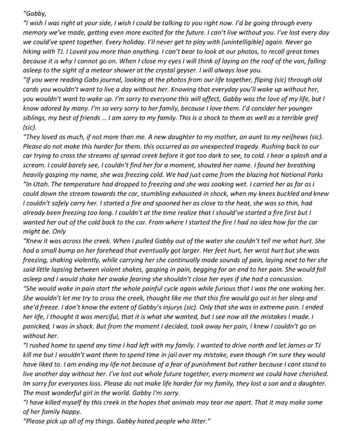 PHOTO Full Brian Laundrie Murder Letter Transcribed In Microsoft Word