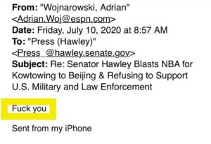 PHOTO Adrian Wojnarowski Replied With A F*ck You To An Email Josh Hawley Sent Him About NBA Supporting Bejing And Refusing To Support US Military And Law Enforcement