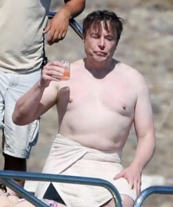 PHOTO Elon Musk Looking Like Pale Hippo On Beach With Dirty Towel And Glass Of Scotch