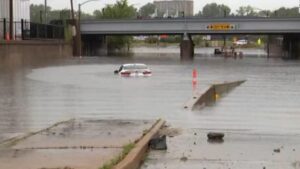 PHOTO Floodwaters Almost Up To The 13 Foot 9 Inch Mark On Freeway Overpass In Hazard Kentucky