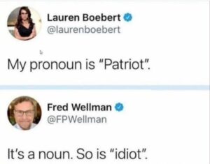 PHOTO My Pronoun Is Patriot Vs It's A Noun So Is Idiot Lauren Boebert Meme