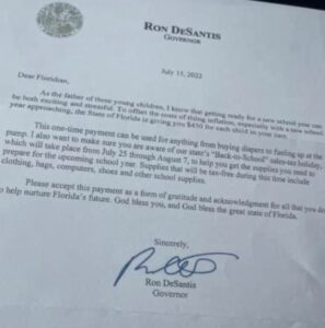 PHOTO Proof Ron DeSantis Is Giving Florida Parents $450 Per Child To Help Eliminate Some Of The Impact Of Inflation