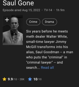 PHOTO Final Episode Of Better Call Saul Has The Best Rating In IMBd History For TV Show With 9.9 Out Of 10