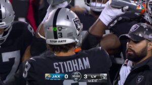 PHOTO Jared Stidham With Stop Hate Written On The Back Of His Helmet During Hall Of Fame Game